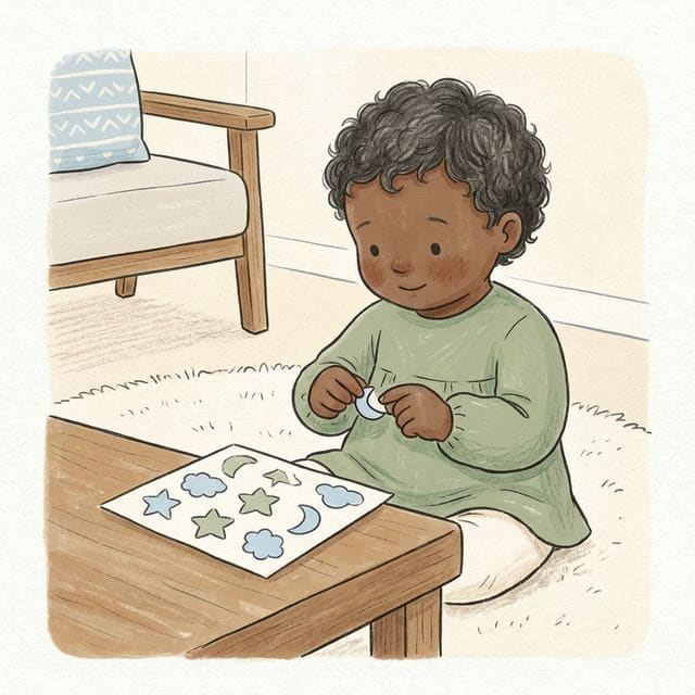 Sticker Peel And Stick: illustration of a toddler doing the activity