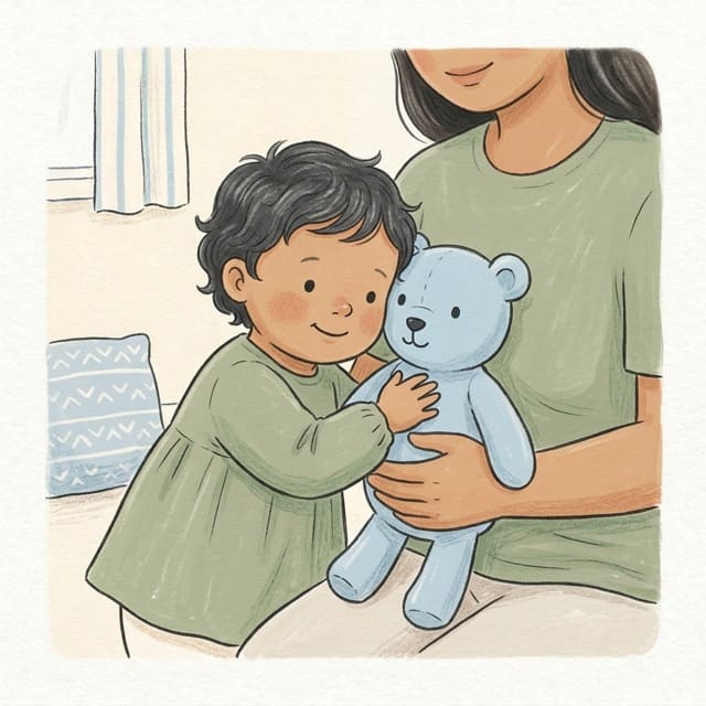 Stuffed Animal Heartbeat Listen: illustration of a toddler doing the activity