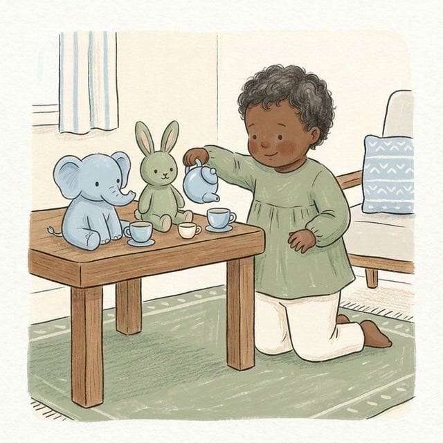 Teddy Tea Party: illustration of a toddler doing the activity