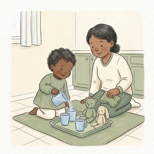 Teddy Tea Party Pour: illustration of a toddler doing the activity
