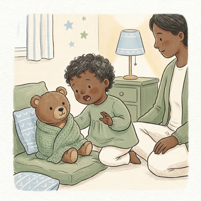 Teddy's Bedtime Story: illustration of a toddler doing the activity
