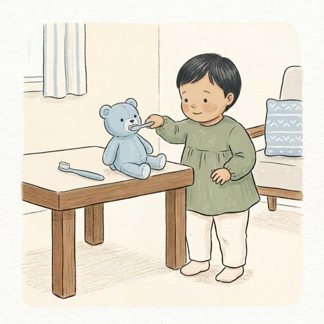 Teddy's Teeth First: illustration of a toddler doing the activity