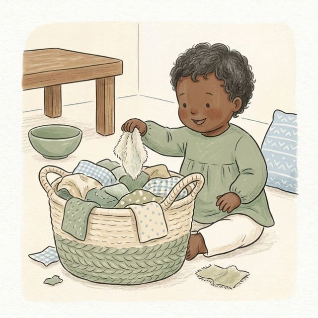 Textured Fabric Basket: illustration of a toddler doing the activity