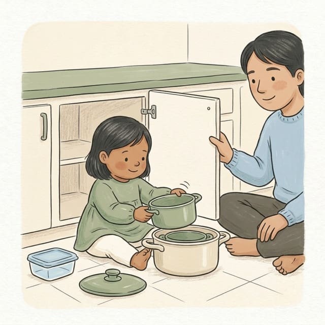 The Pan Cupboard: illustration of a toddler doing the activity
