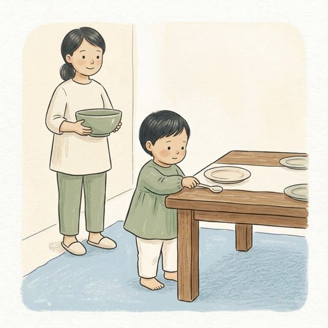 The Same Job Each Night: illustration of a toddler doing the activity