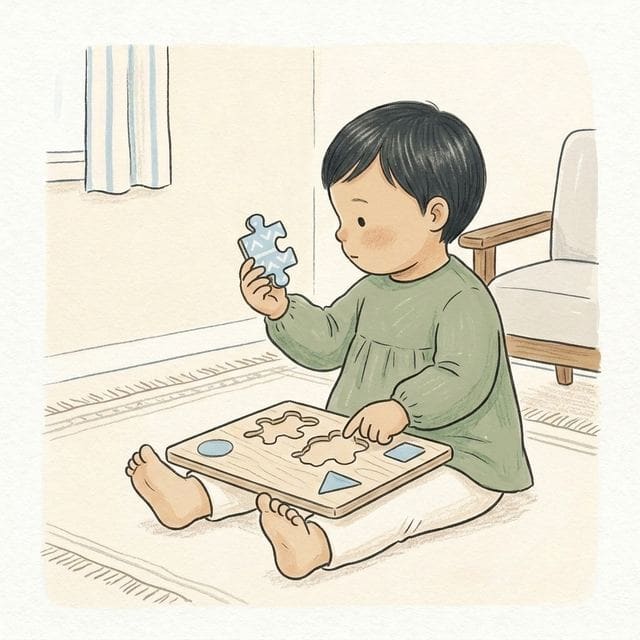 Three Piece Puzzle: illustration of a toddler doing the activity