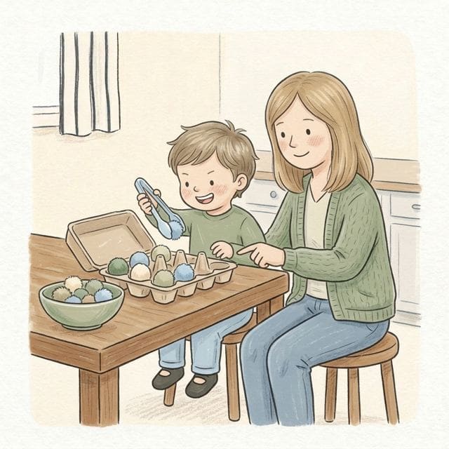 Tongs Colour Sort: illustration of a toddler doing the activity
