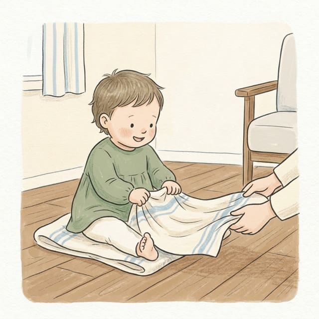 Towel Sled Pull: illustration of a toddler doing the activity