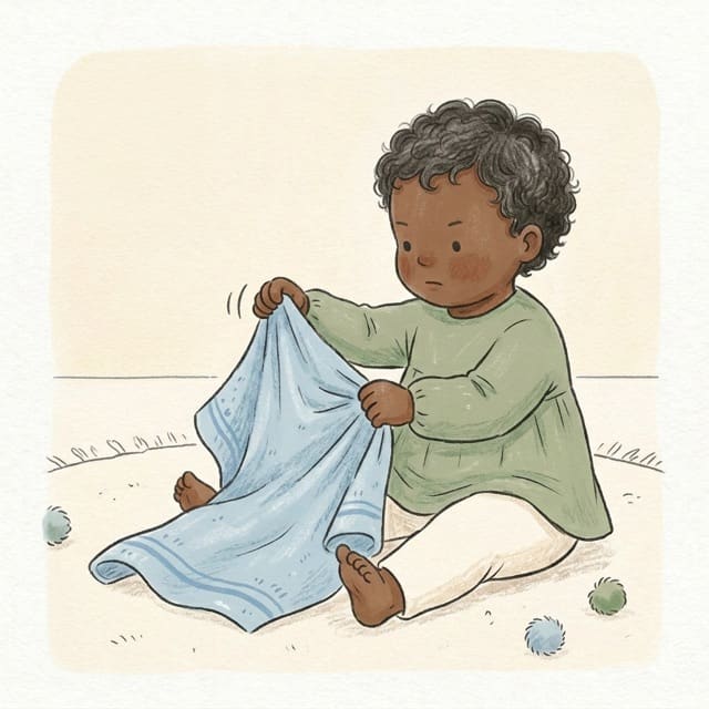 Towel Tug Fold: illustration of a toddler doing the activity