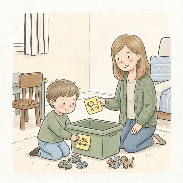 Toy Box Labels: illustration of a toddler doing the activity