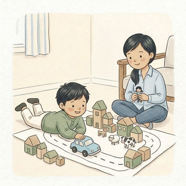Toy Town Small World: illustration of a toddler doing the activity