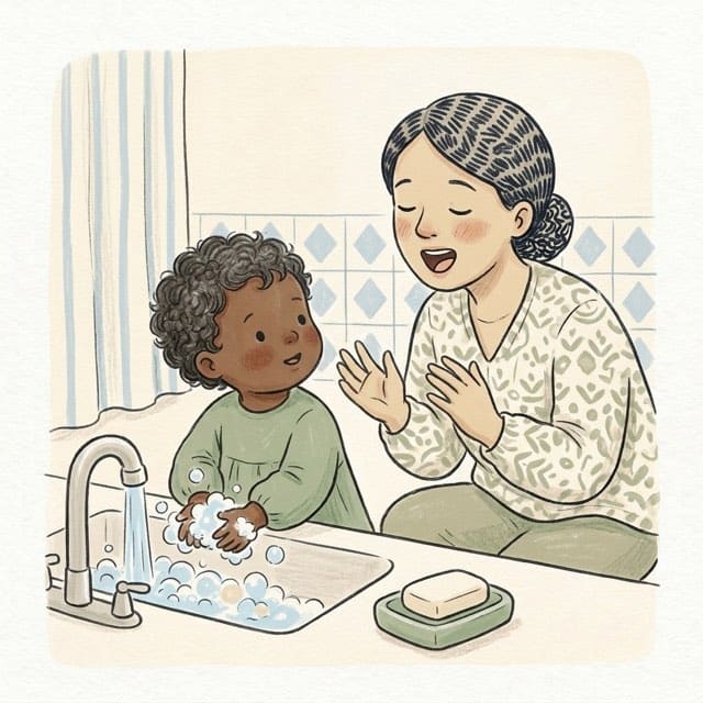 Twenty Seconds of Soap: illustration of a toddler doing the activity