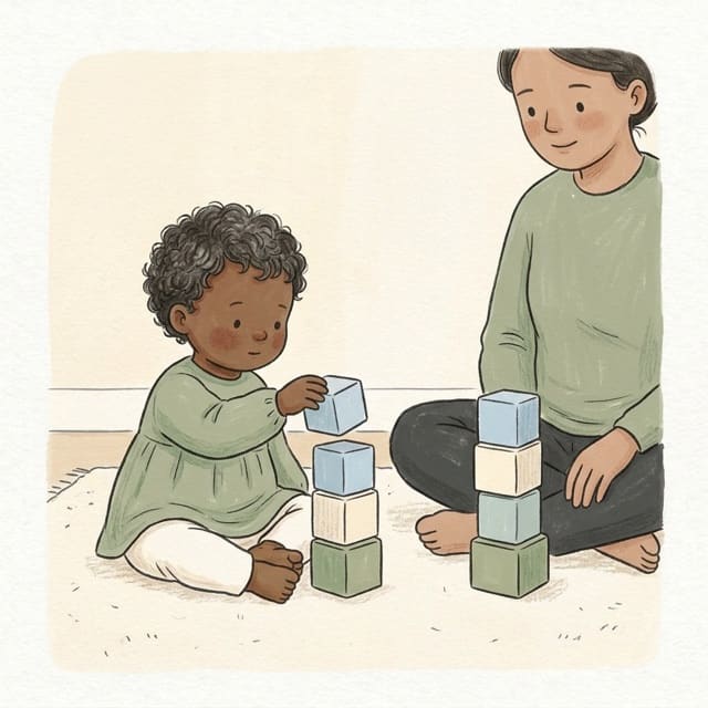 Two Little Towers: illustration of a toddler doing the activity