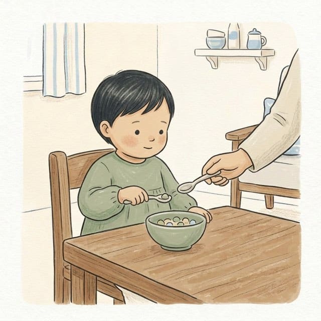 Two Spoons at Breakfast: illustration of a toddler doing the activity