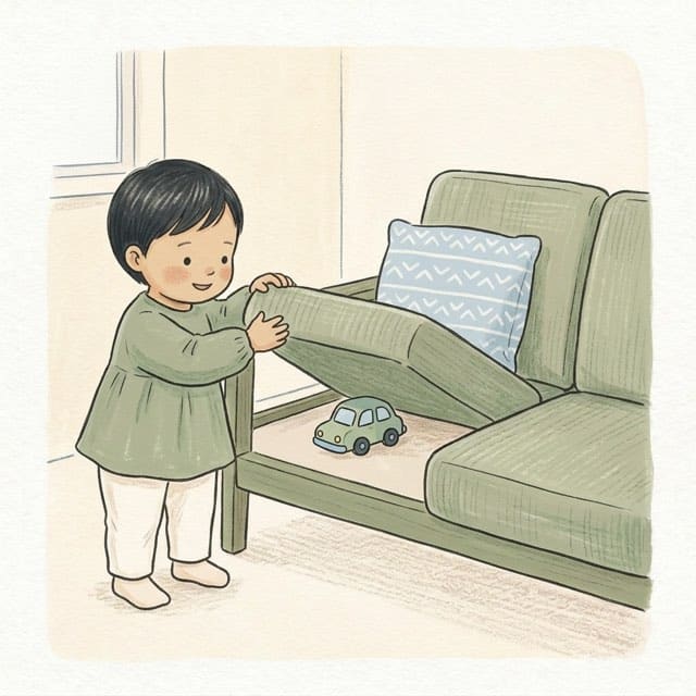 Under the Cushion: illustration of a toddler doing the activity