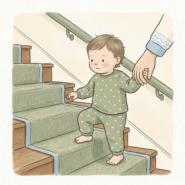 Up to Bed, One Hand: illustration of a toddler doing the activity