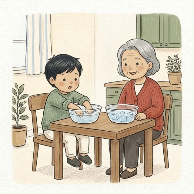 Warm and Cold Hands: illustration of a toddler doing the activity