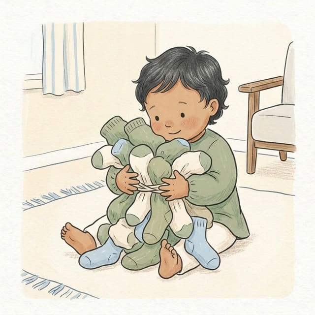 Warm Rice Sock Squeeze: illustration of a toddler doing the activity