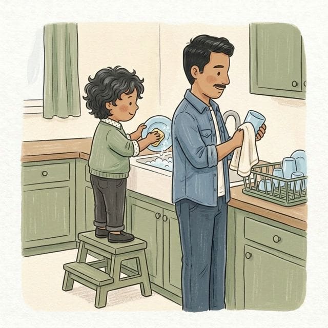 Wash the Plastic Plates: illustration of a toddler doing the activity