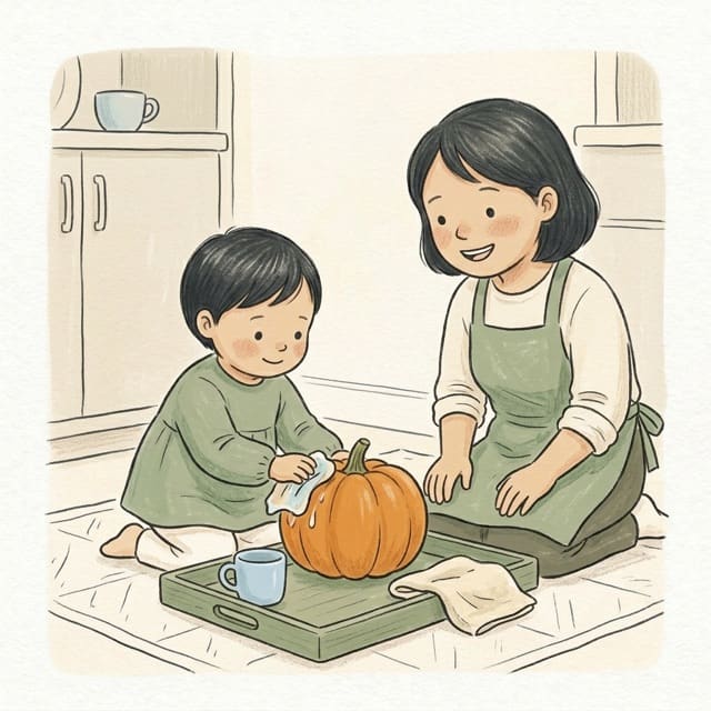 Wash the Pumpkin: illustration of a toddler doing the activity