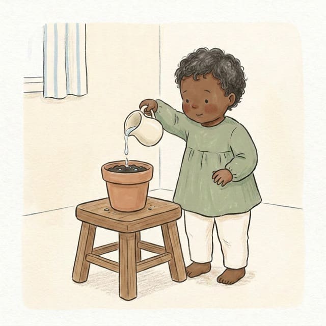 Water The Plant: illustration of a toddler doing the activity
