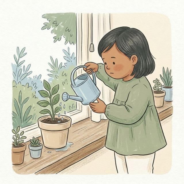 Water The Plants: illustration of a toddler doing the activity