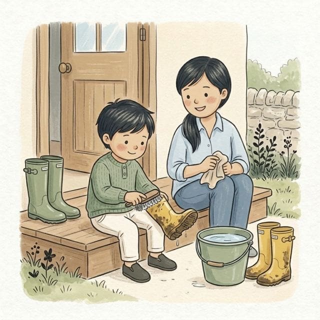 Welly Boot Scrub: illustration of a toddler doing the activity