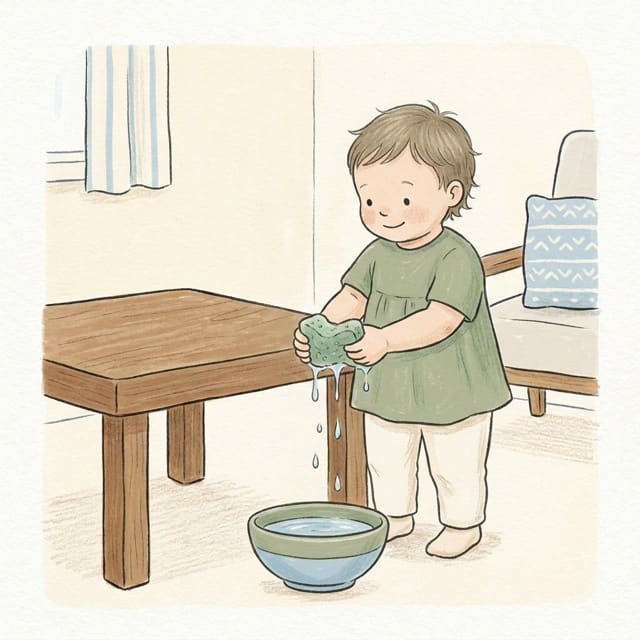 Wet Sponge Squeeze: illustration of a toddler doing the activity
