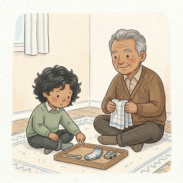 What's Missing Tray: illustration of a toddler doing the activity