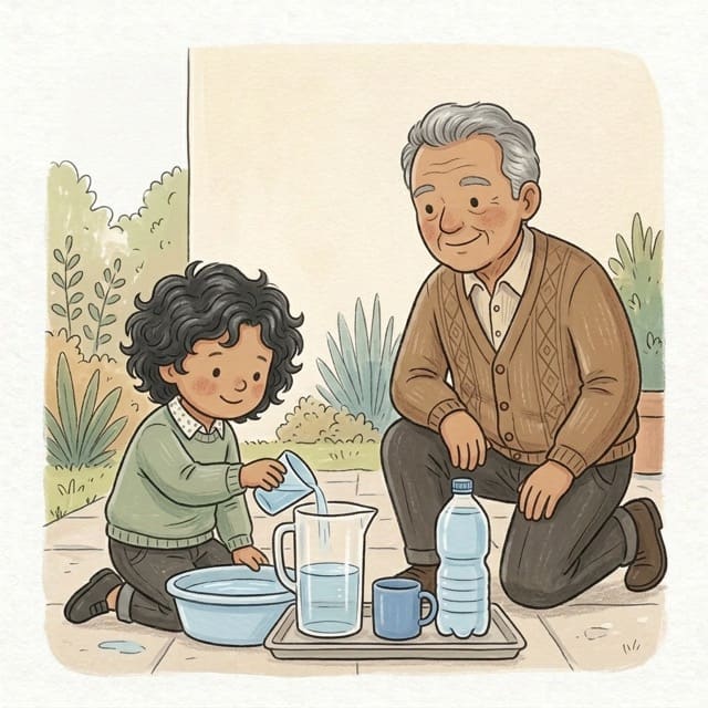 Which Cup Holds More?: illustration of a toddler doing the activity