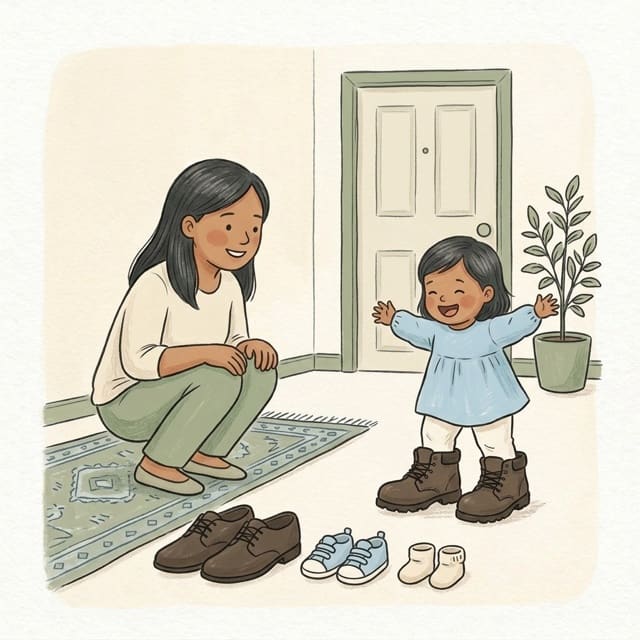 Whose Big Shoes?: illustration of a toddler doing the activity