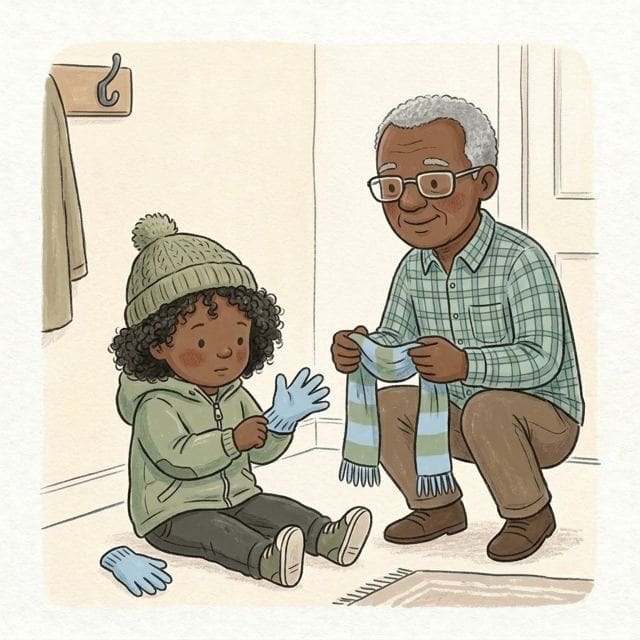 Winter Hat and Gloves: illustration of a toddler doing the activity