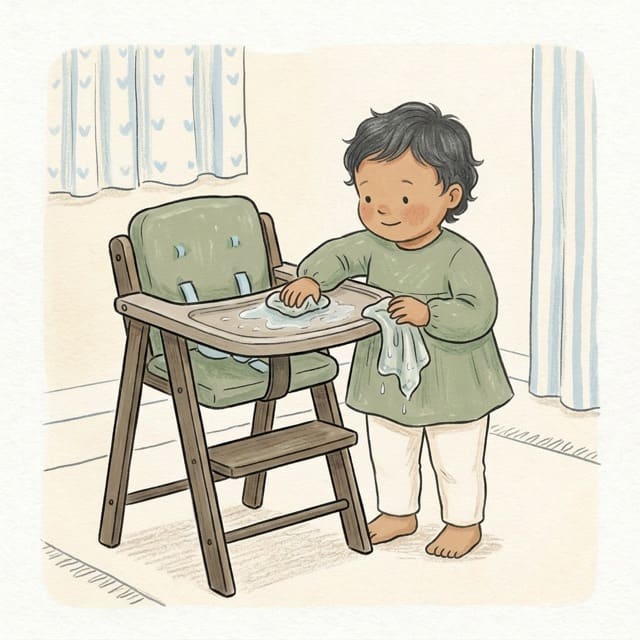 Wipe the Highchair: illustration of a toddler doing the activity