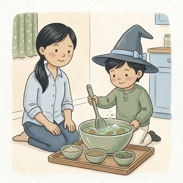 Witch's Potion Lab: illustration of a toddler doing the activity