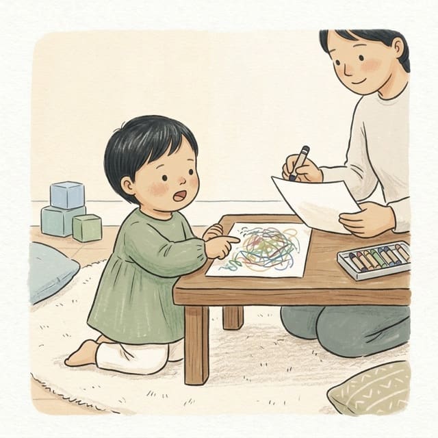 Write What They Say: illustration of a toddler doing the activity