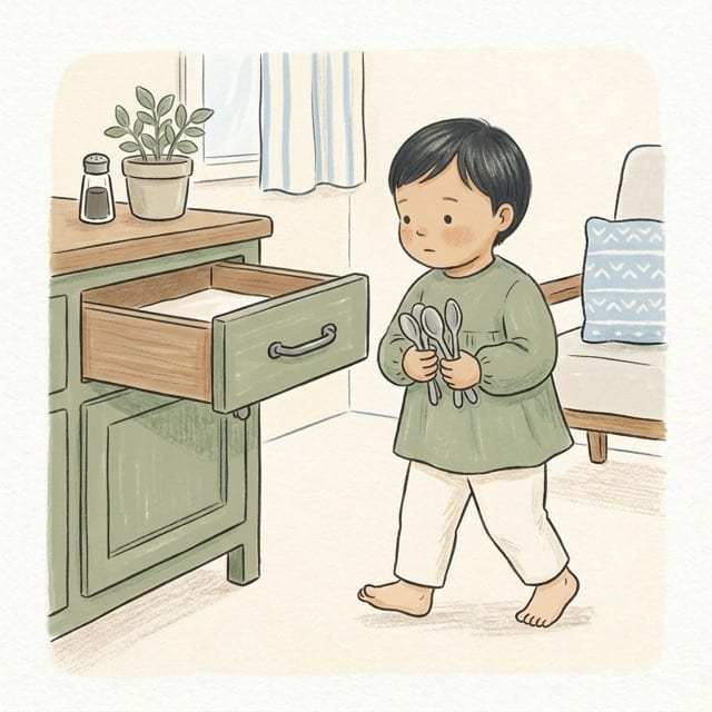 A toddler carefully carrying a handful of cutlery to the table