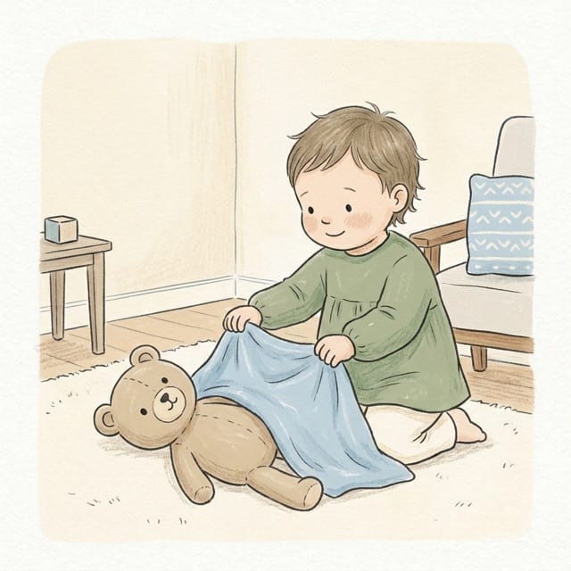 A child tucking a soft toy into bed under a folded blanket