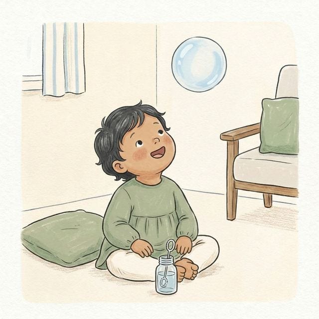 A small child sitting quietly, watching a single soap bubble drift past