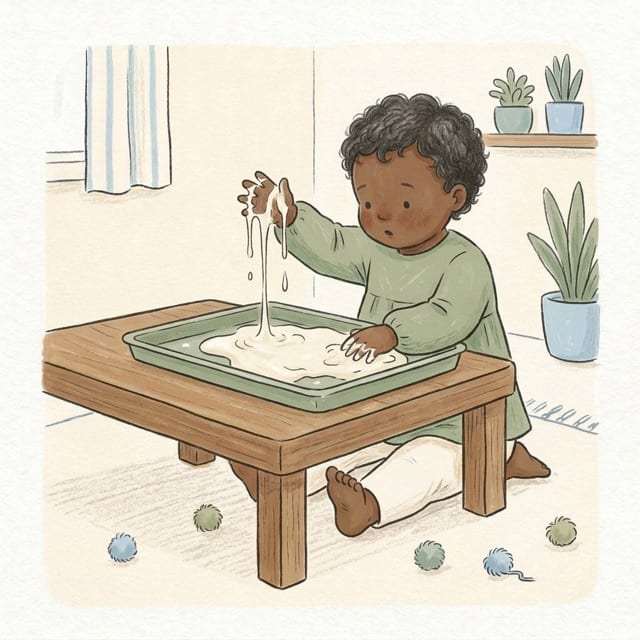A toddler pressing both hands into a tray of cornflour goop at a low wooden table