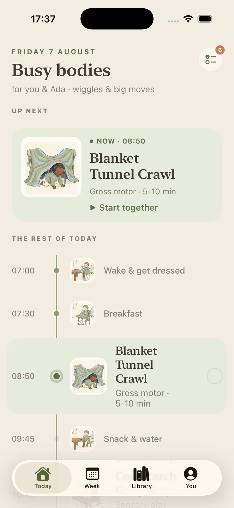 The Little Wins Today screen: a day titled Busy bodies planned for Ada, with Blanket Tunnel Crawl happening now and the rest of the day laid out below